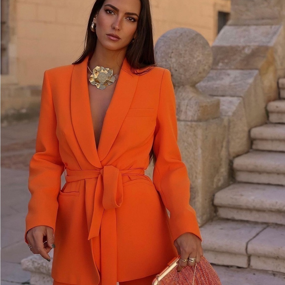 Zara Orange Belted Tuxedo Blazer & Pants Set – Blazer L / Pants XL - Picture 6 of 15